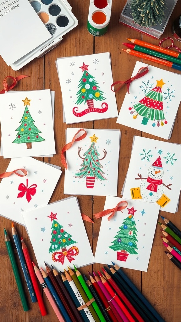 A collection of handmade illustrated Christmas cards with festive designs on a wooden table.